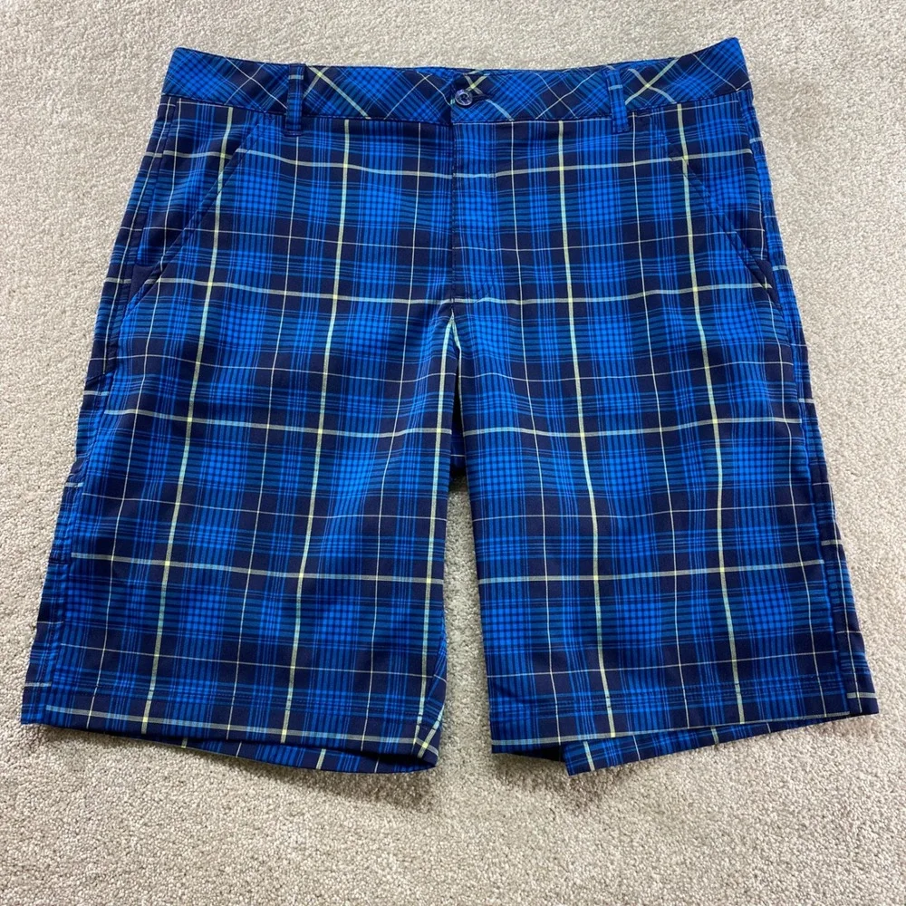 Fila Sport Golf Shorts Mens 36 Blue Plaid Performance Stretch Flat Front